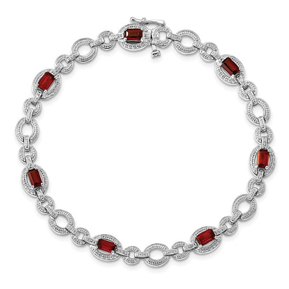 7 Inch Sterling Silver Rhodium-Plated Diamond & Garnet Oval Link Bracelet