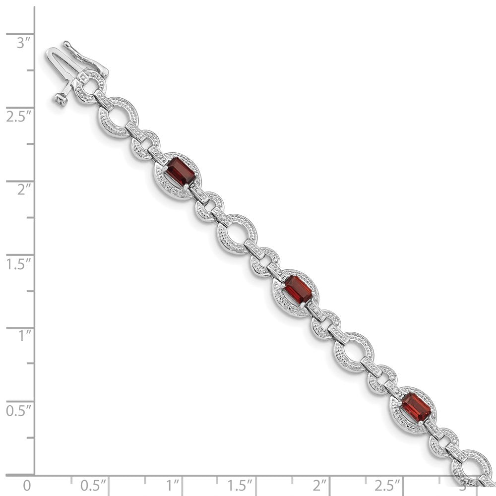 7 Inch Sterling Silver Rhodium-Plated Diamond & Garnet Oval Link Bracelet