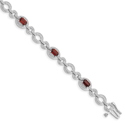 7 Inch Sterling Silver Rhodium-Plated Diamond & Garnet Oval Link Bracelet