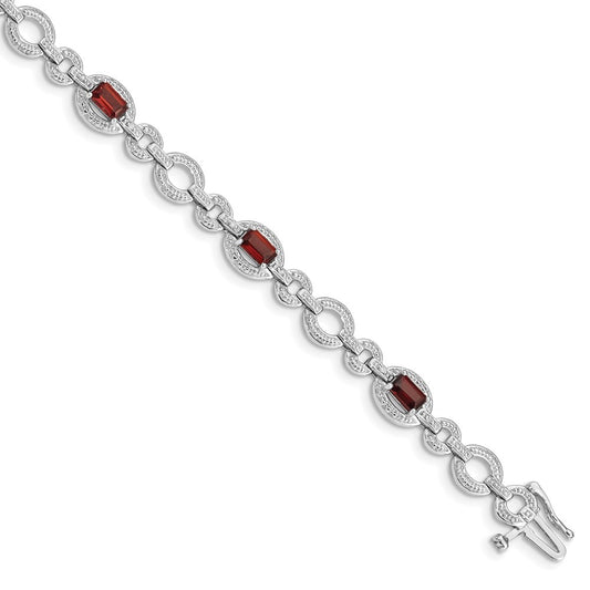 7 Inch Sterling Silver Rhodium-Plated Diamond & Garnet Oval Link Bracelet