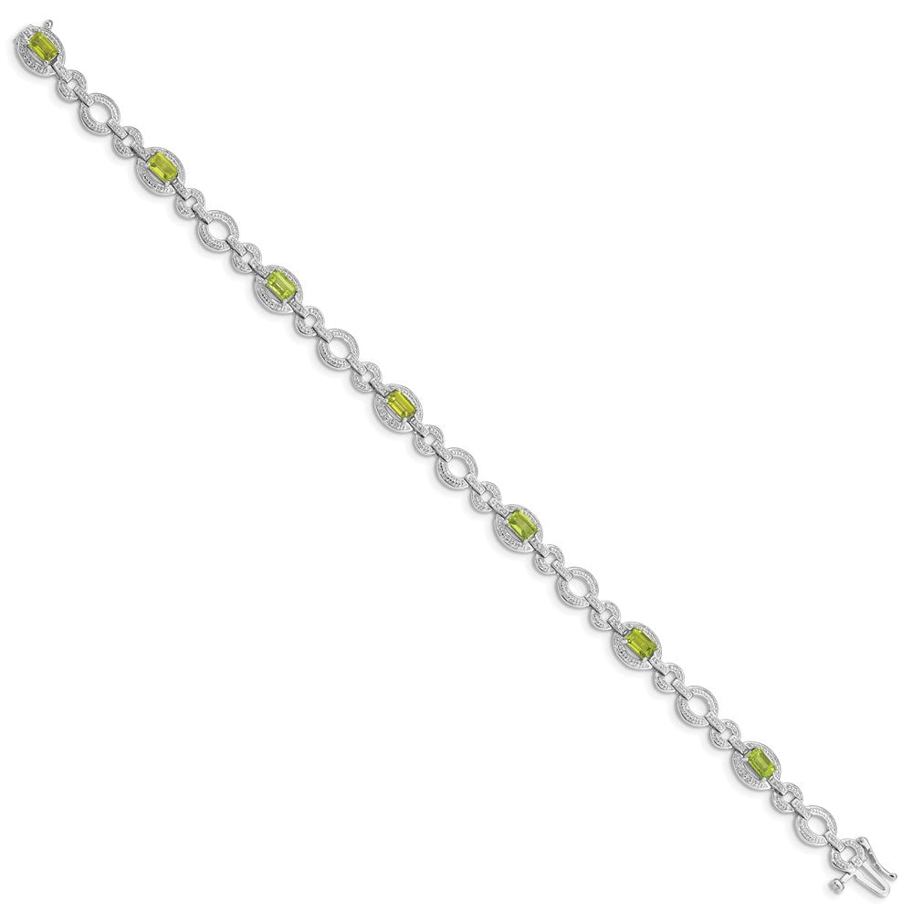 7 Inch Sterling Silver Rhodium-Plated Diamond & Peridot Oval Link Bracelet