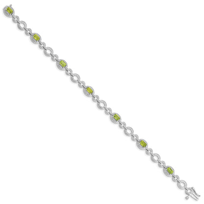 7 Inch Sterling Silver Rhodium-Plated Diamond & Peridot Oval Link Bracelet