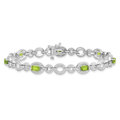 7 Inch Sterling Silver Rhodium-Plated Diamond & Peridot Oval Link Bracelet