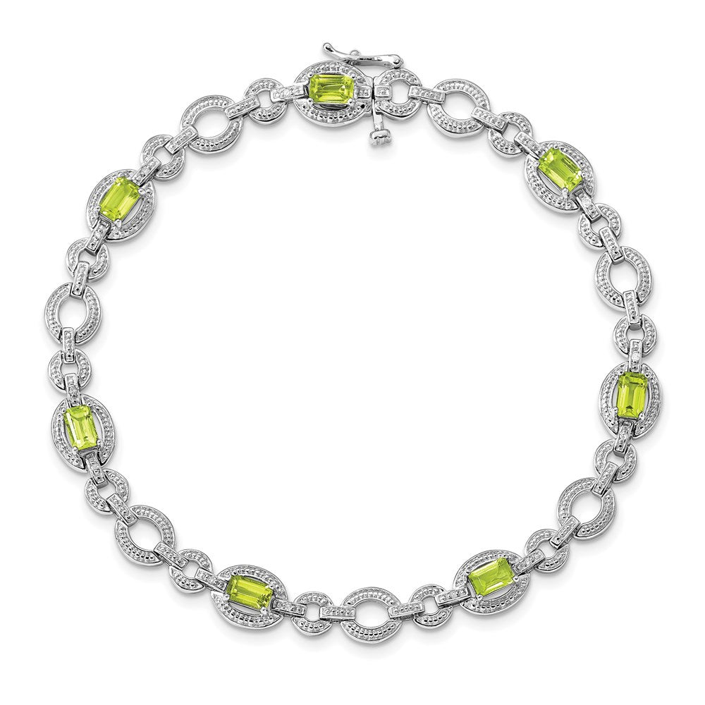 7 Inch Sterling Silver Rhodium-Plated Diamond & Peridot Oval Link Bracelet