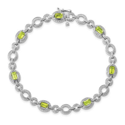 7 Inch Sterling Silver Rhodium-Plated Diamond & Peridot Oval Link Bracelet