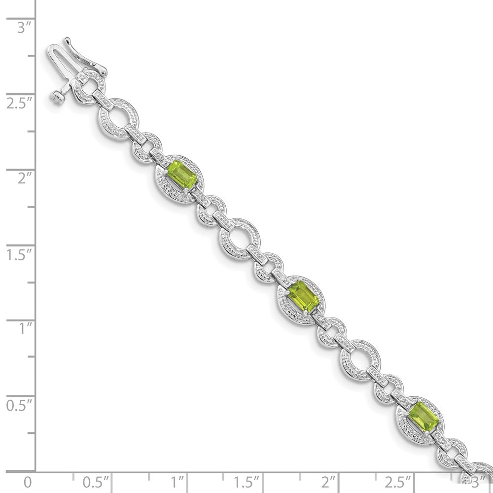 7 Inch Sterling Silver Rhodium-Plated Diamond & Peridot Oval Link Bracelet