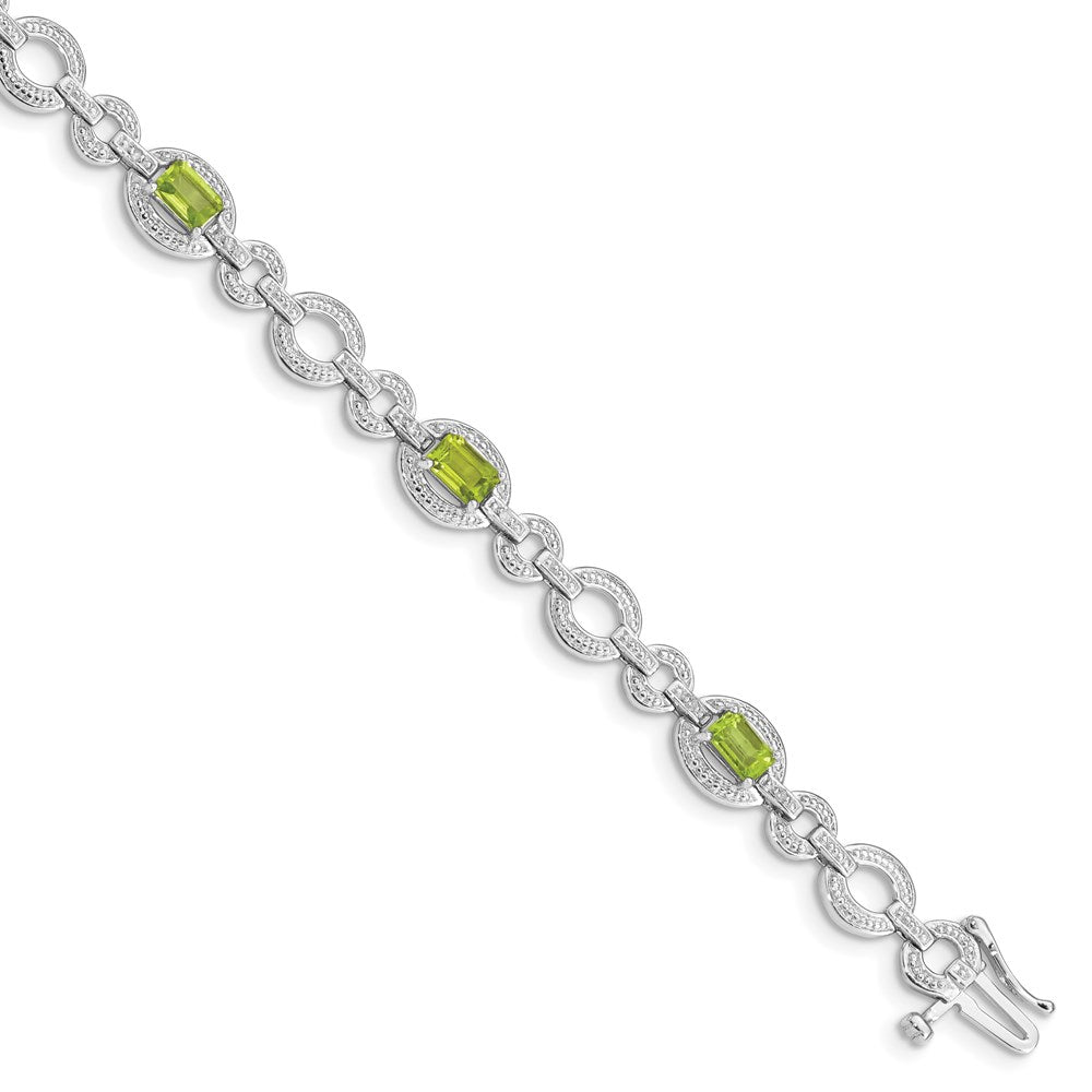 7 Inch Sterling Silver Rhodium-Plated Diamond & Peridot Oval Link Bracelet