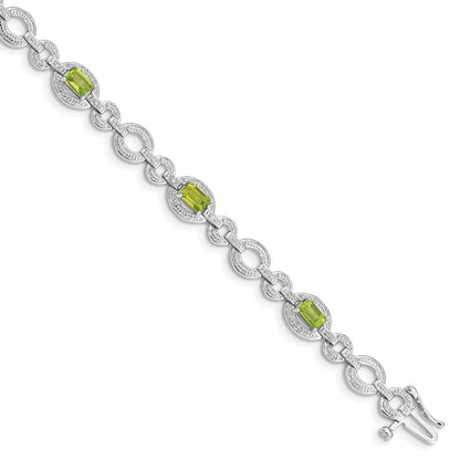 7 Inch Sterling Silver Rhodium-Plated Diamond & Peridot Oval Link Bracelet