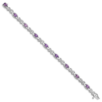 7.5 Inch Sterling Silver Rhodium-Plated Diamond & Amethyst Bracelet