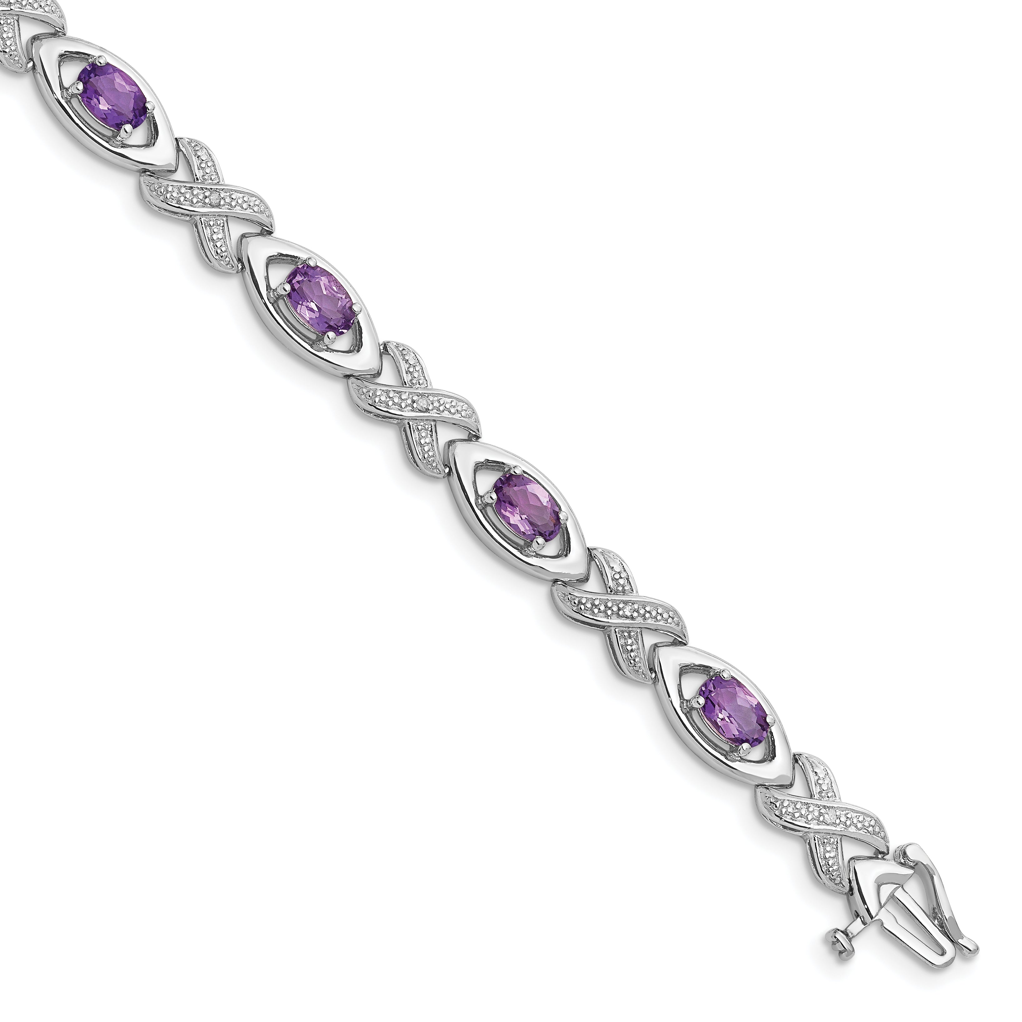 7.5 Inch Sterling Silver Rhodium-Plated Diamond & Amethyst Bracelet