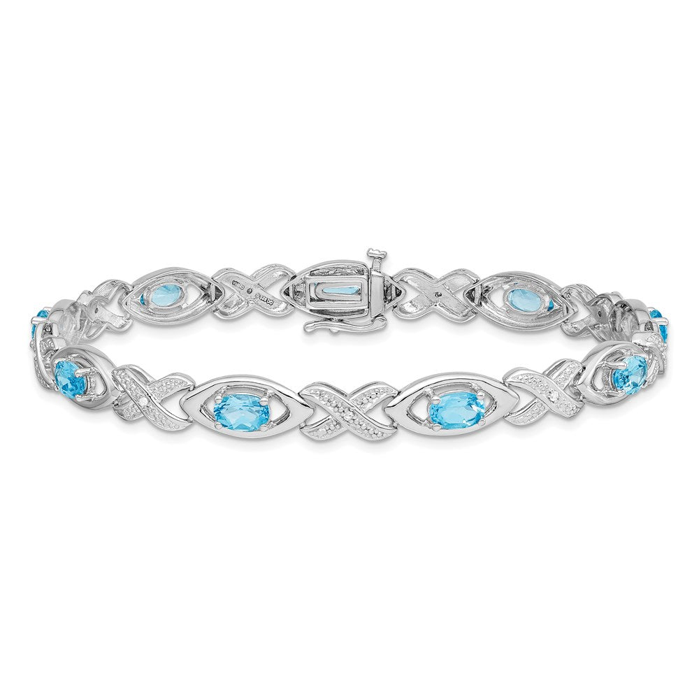 7 Inch Sterling Silver Rhodium-Plated Diamond & Light Swiss Blue Topaz Bracelet