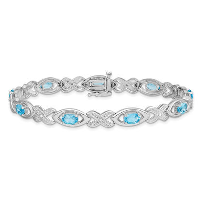 7 Inch Sterling Silver Rhodium-Plated Diamond & Light Swiss Blue Topaz Bracelet