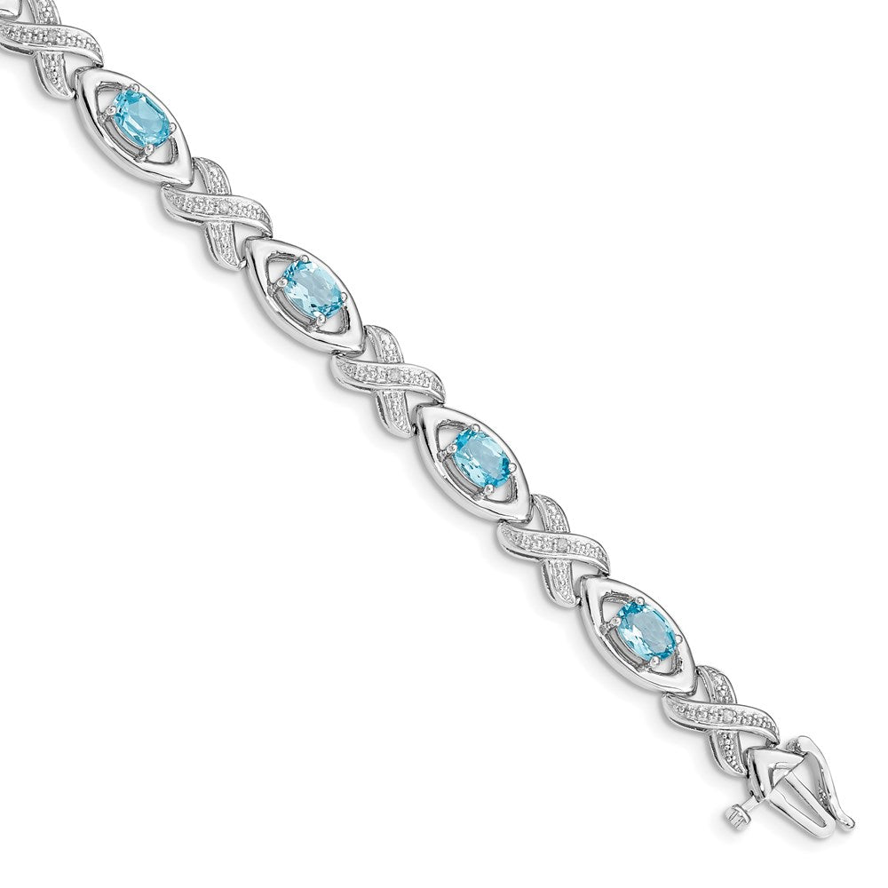 7 Inch Sterling Silver Rhodium-Plated Diamond & Light Swiss Blue Topaz Bracelet