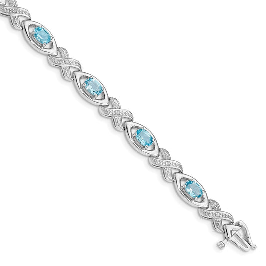 7 Inch Sterling Silver Rhodium-Plated Diamond & Light Swiss Blue Topaz Bracelet