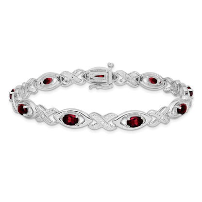 7 Inch Sterling Silver Rhodium-Plated Diamond & Garnet Bracelet