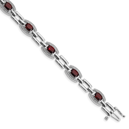 7 Inch Sterling Silver Rhodium-Plated Diamond & Garnet Bracelet