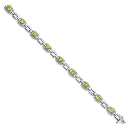 7 Inch Sterling Silver Rhodium-Plated Diamond & Peridot Bracelet
