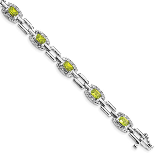 7 Inch Sterling Silver Rhodium-Plated Diamond & Peridot Bracelet