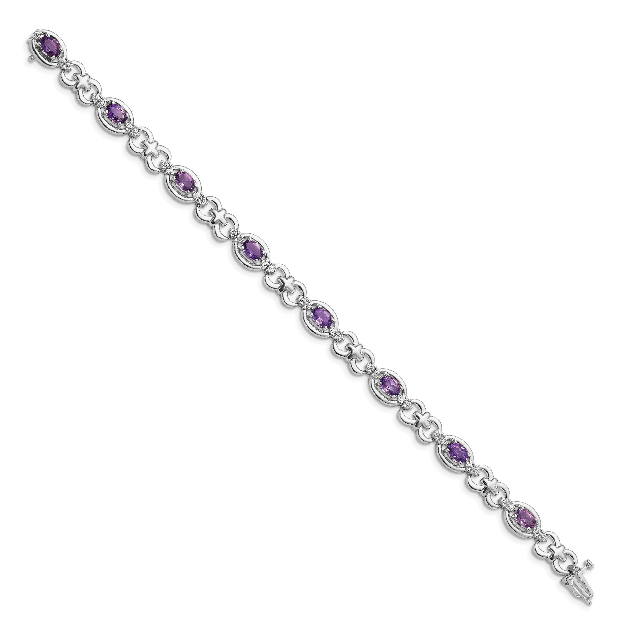 7 Inch Sterling Silver Rhodium-Plated Diamond & Amethyst Bracelet
