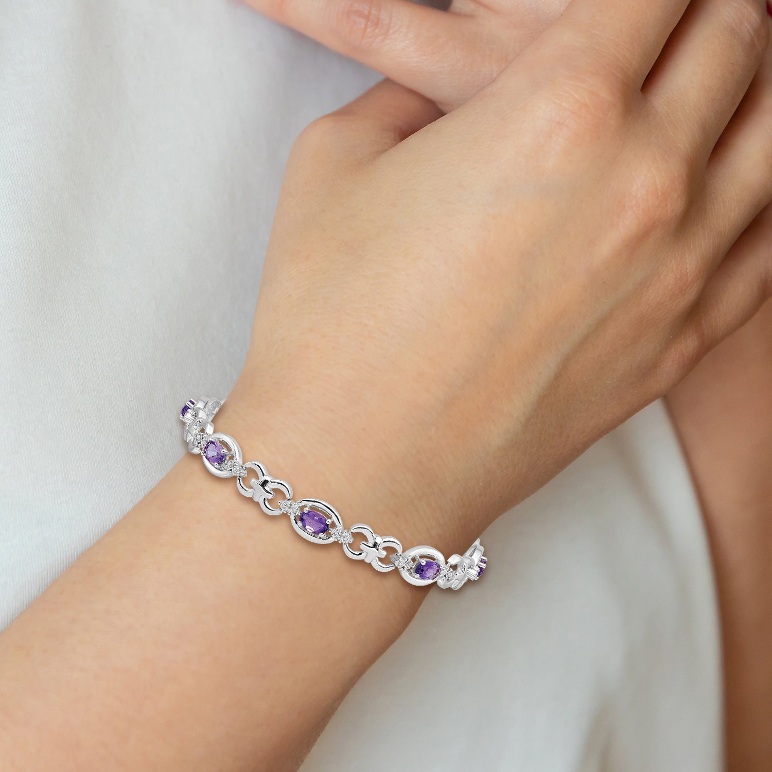 7 Inch Sterling Silver Rhodium-Plated Diamond & Amethyst Bracelet