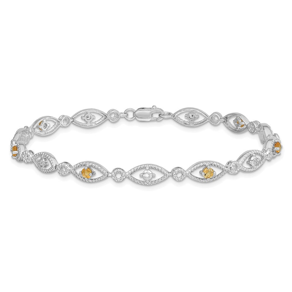 7 Inch Sterling Silver Rhodium-Plated Citrine Diamond Bracelet