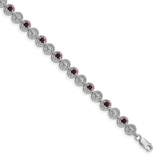 7 Inch Sterling Silver Rhodium-Plated Garnet Diamond Bracelet
