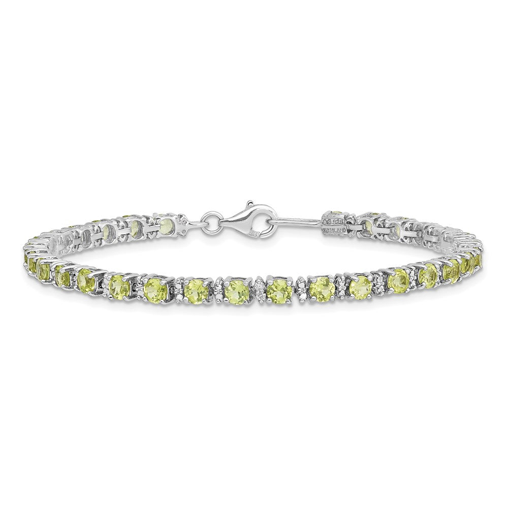 7 Inch Sterling Silver Rhodium-Plated Peridot And Diamond Bracelet