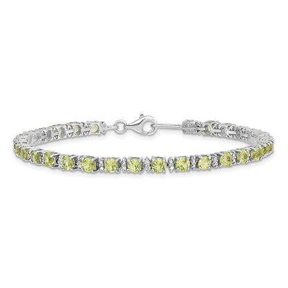 7 Inch Sterling Silver Rhodium-Plated Peridot And Diamond Bracelet