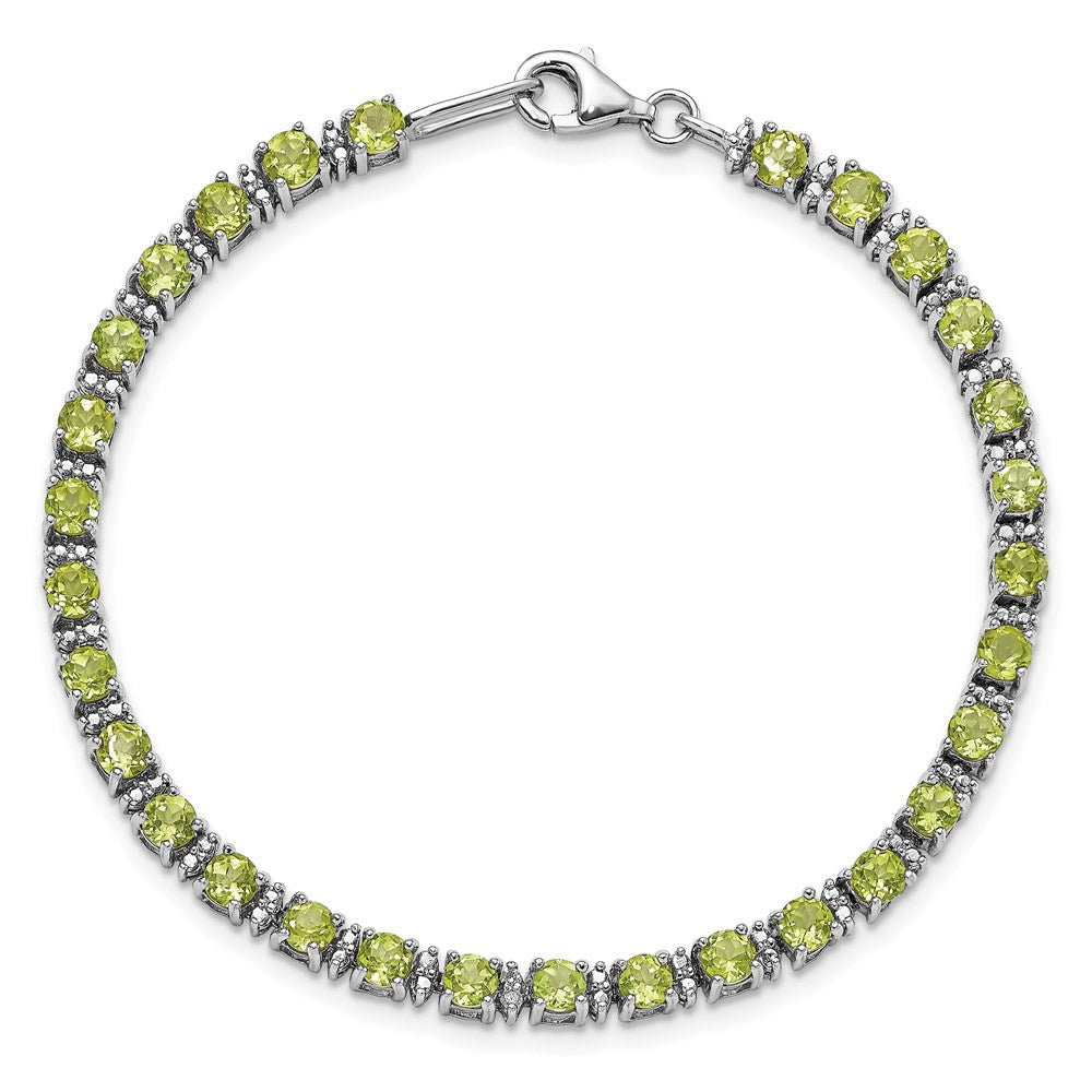 7 Inch Sterling Silver Rhodium-Plated Peridot And Diamond Bracelet