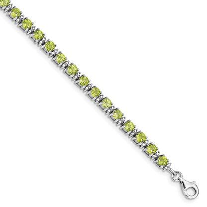 7 Inch Sterling Silver Rhodium-Plated Peridot And Diamond Bracelet