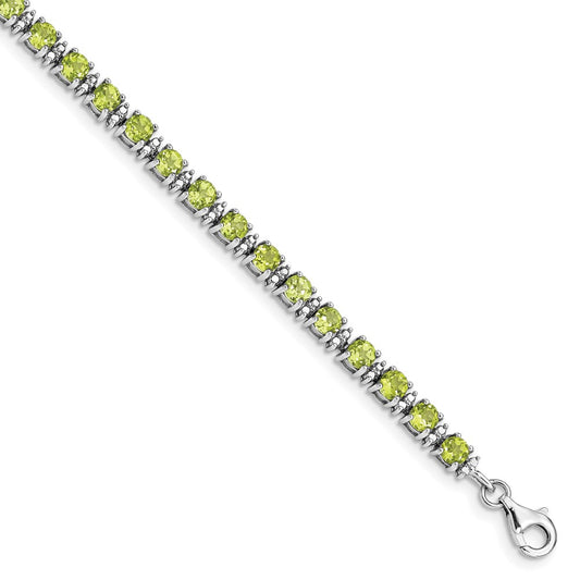 7 Inch Sterling Silver Rhodium-Plated Peridot And Diamond Bracelet