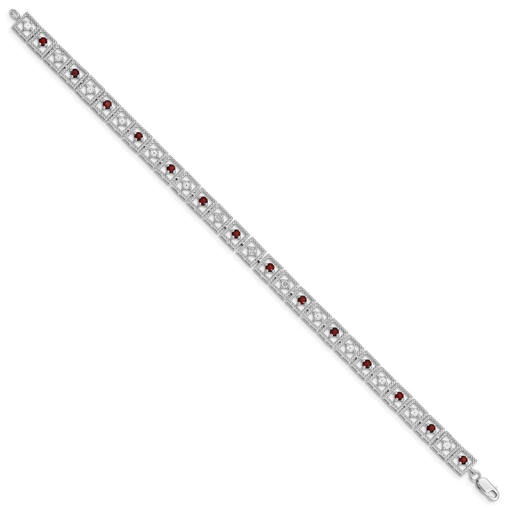 7 Inch Sterling Silver Rhodium-Plated Garnet Diamond Bracelet