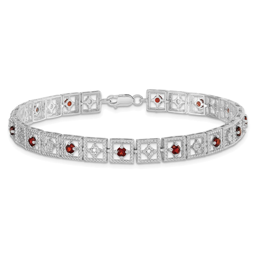 7 Inch Sterling Silver Rhodium-Plated Garnet Diamond Bracelet