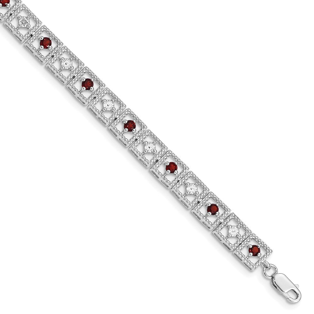 7 Inch Sterling Silver Rhodium-Plated Garnet Diamond Bracelet