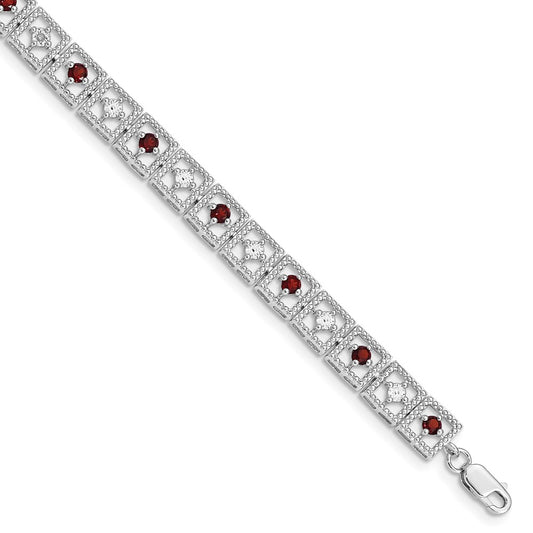 7 Inch Sterling Silver Rhodium-Plated Garnet Diamond Bracelet