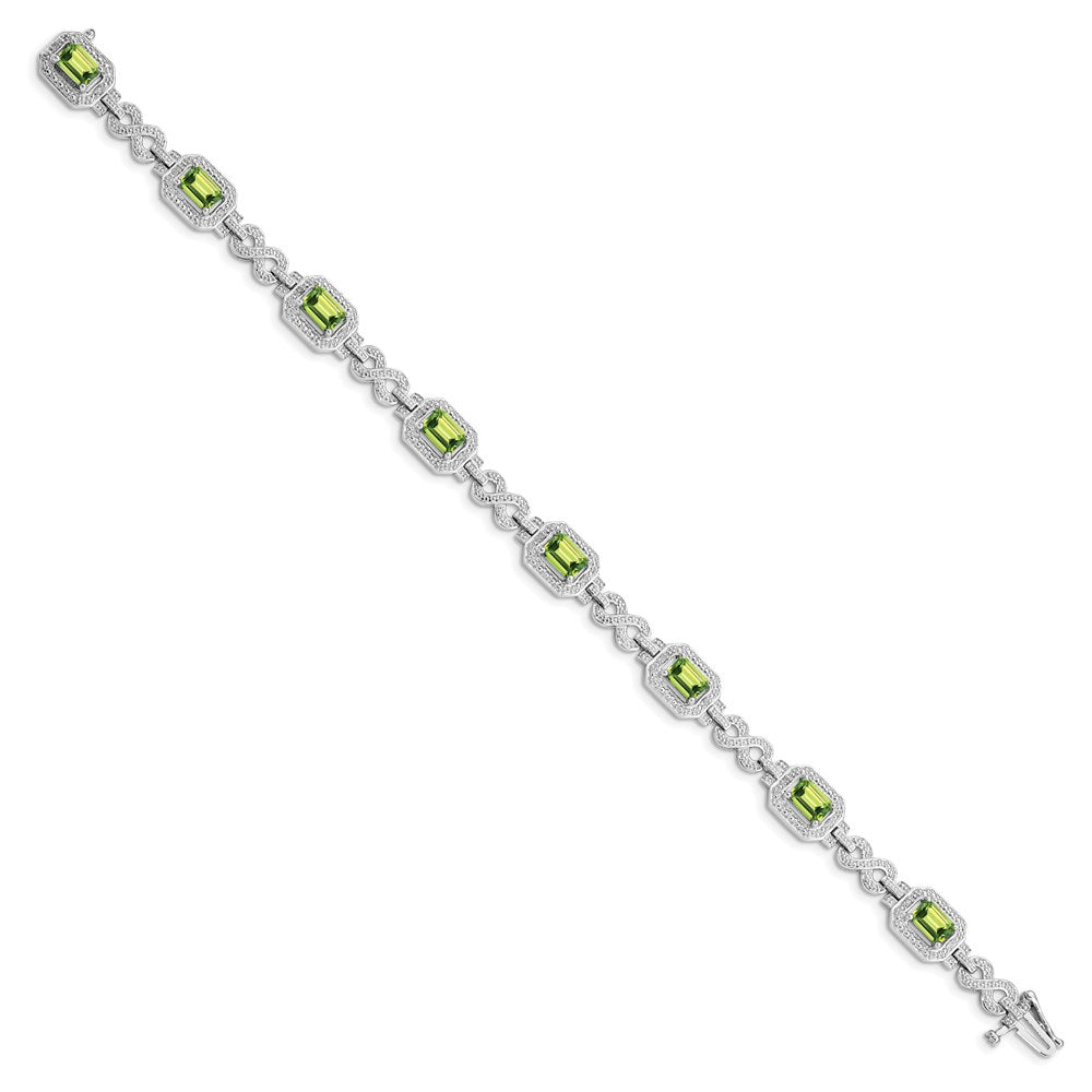 7.75 Inch Sterling Silver Rhodium-Plated Diamond & Peridot Bracelet
