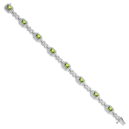 7.75 Inch Sterling Silver Rhodium-Plated Diamond & Peridot Bracelet