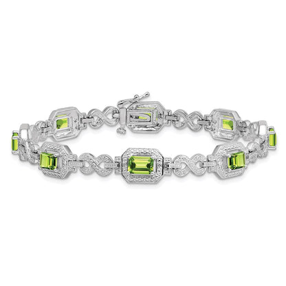 7.75 Inch Sterling Silver Rhodium-Plated Diamond & Peridot Bracelet