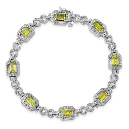 7.75 Inch Sterling Silver Rhodium-Plated Diamond & Peridot Bracelet
