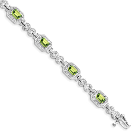 7.75 Inch Sterling Silver Rhodium-Plated Diamond & Peridot Bracelet