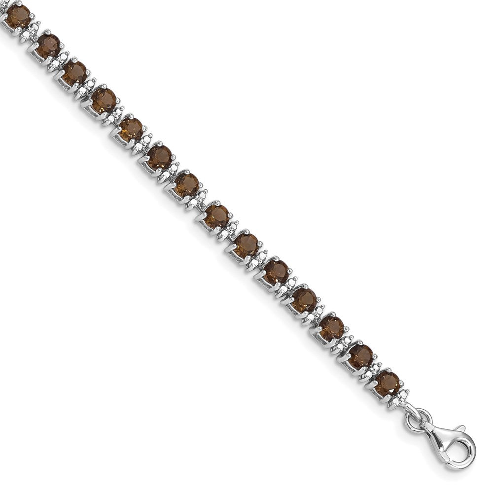 7 Inch Sterling Silver Rhodium-Plated Smoky Quartz And Diamond Bracelet