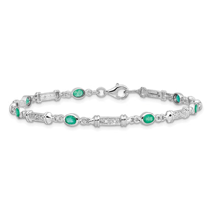 7 Inch Sterling Silver Rhodium-Plated Emerald And Diamond Bracelet