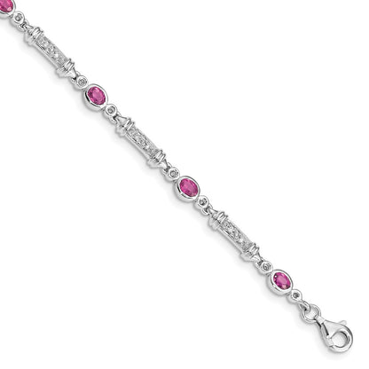 7 Inch Sterling Silver Rhodium-Plated Pink Tourmaline And Diamond Bracelet