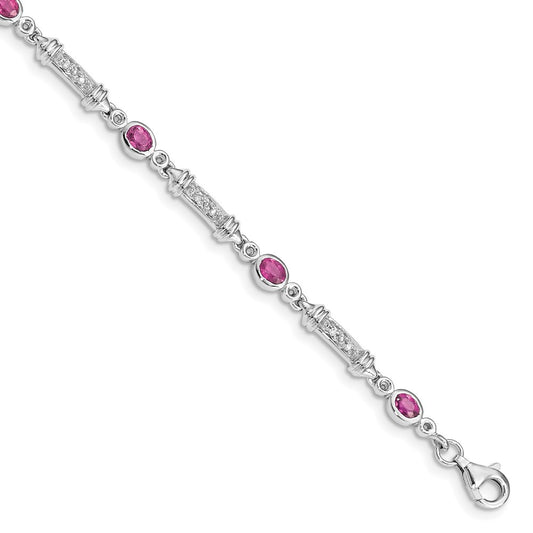 7 Inch Sterling Silver Rhodium-Plated Pink Tourmaline And Diamond Bracelet