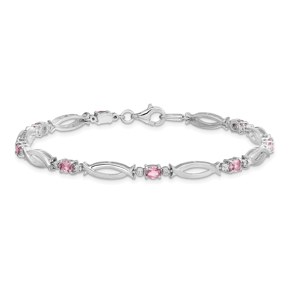 7 Inch Sterling Silver Rhodium-Plated Pink Tourmaline And Diamond Bracelet