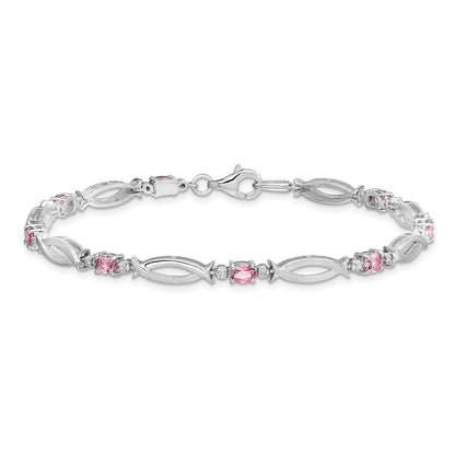 7 Inch Sterling Silver Rhodium-Plated Pink Tourmaline And Diamond Bracelet