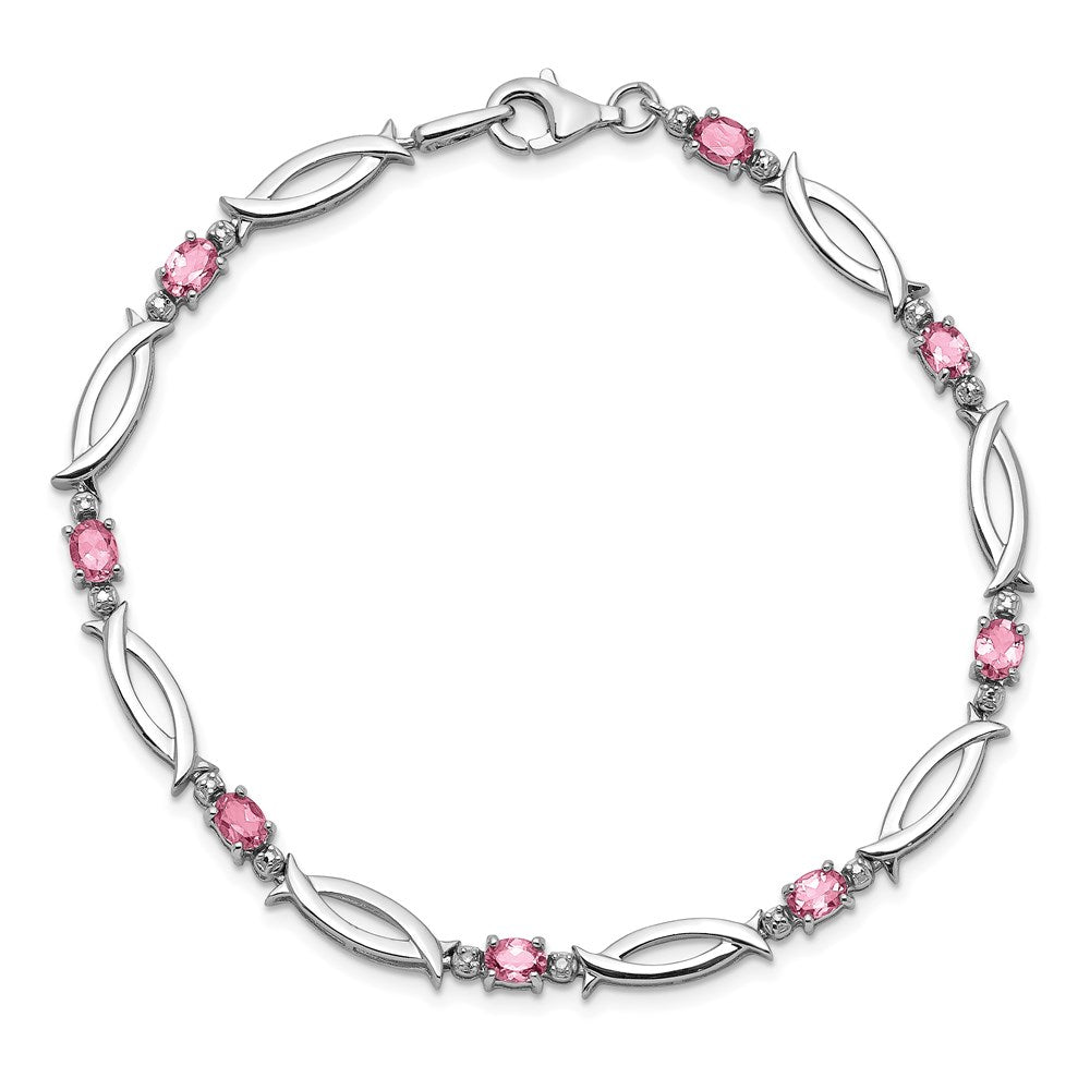 7 Inch Sterling Silver Rhodium-Plated Pink Tourmaline And Diamond Bracelet
