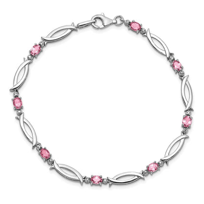 7 Inch Sterling Silver Rhodium-Plated Pink Tourmaline And Diamond Bracelet