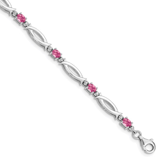 7 Inch Sterling Silver Rhodium-Plated Pink Tourmaline And Diamond Bracelet