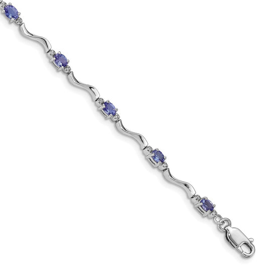 7 Inch Sterling Silver Rhodium Plated Diamond And Tanzanite Bracelet